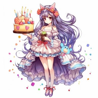 Fairy Clipart, Japan Anime style, beautiful smiling cute fairy holding a birthday cake, full body, on a white background