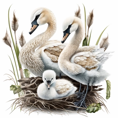 swan babies in their habitat clipart, white background