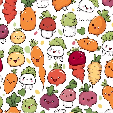 repeating tiles of cute clipart of vegetables in a chibi style with a white background