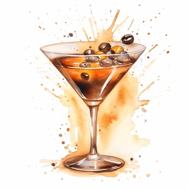 Espresso Martini: Illustrate an Espresso Martini cocktail with vodka, coffee liqueur, espresso, and a garnish of coffee beans, pastel colors, light watercolor, watercolor splash, few details, dreamy, Studio Ghibli, clipart, white background