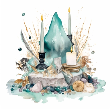 Design a watercolour clipart image of a witch-inspired boho altar with a big turquoise crystal as the centerpiece containing golden flecks of pyrite and white streaks of calcite, all set against a white background. The altar should have a mystical and earthy vibe, with elements like candles, feathers, and crystals arranged in a visually appealing way around the turquoise crystal. The image should be highly detailed and realistic, while also retaining a whimsical and artistic quality that capture