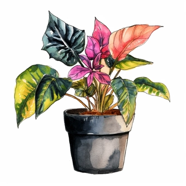 Watercolor clipart tropical single planter, Watercolor clipart tree planter, single watercolor houseplant clipart in pot, black contour around the leaves, white background, with colorful flower