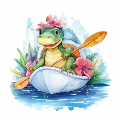a cute dinosaur sitting in Kayak clipart,summer concept,watercolor illustration, high definition, white background for removing background- - no text shadow font watermark