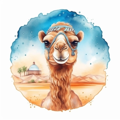 Cute camel in desert sublimation, summer time, watercolor, clipart, illustration, digital art, for tshirt, simple design, clean, highly detailed, 8k, white background