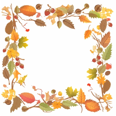 Create Separate Single Clip Art, Simplistic, Thick Natural Branches with Fall Leafs and Acorns AS a full Picture frame, Isolated and separated on WHITE Background, 2D, vector flat, clip art, No Gradients