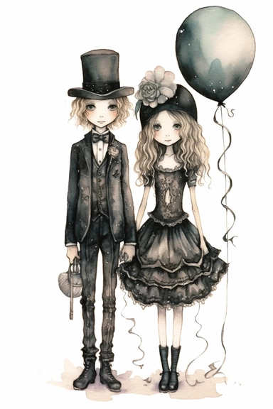 watercolor mixed media goth steampunk boy and girl entire body in goth steampunk wedding décor illustration clipart by holly hobbie