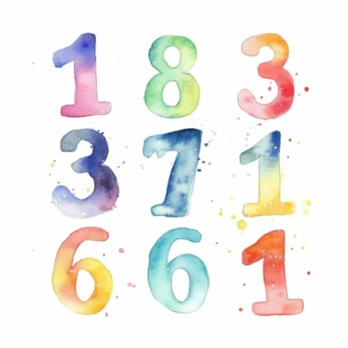 Watercolor NUMBERS:1,2,3,4,5,6,7,8,9,0: Clipart by Henry Rivers, light pastel colors, Sketch, simplicity,Transparent white background, png