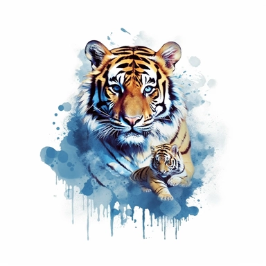 a Tiger With Cub in the style of watercolour clipart with detailed brush strokes