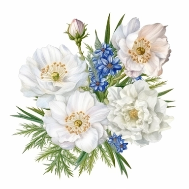 Edelweiss and Eustoma Ensemble Watercolor Art, Beautiful Realistic Clipart, Vibrant Colors, Creative Artistic, Emotional, Detailed, Isolated white background