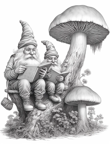 light gray and bubbles, two humanoid reading gnomes on a huge mushroom, highly detailed clipart, hdr, 32K, photo expert quality, greatest for coloring realistic, hyperrealistic and highly detailed, coloring book pages, isolated on a white background