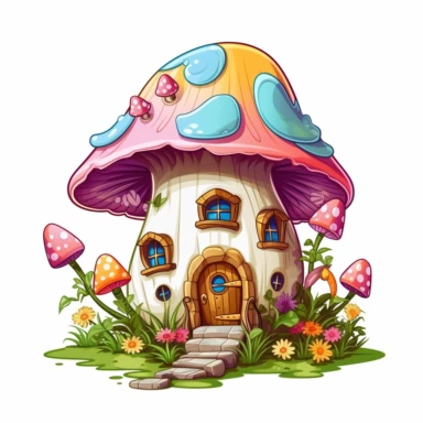 Clipart with white background of a Mushroom Fairy House. Show how the house changes with the seasons, such as spring flowers, autumn leaves, or a blanket of winter snow