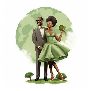 an african american couple wedding, posing in green , female long brains, in the style cartoon realism, bulbous clip art
