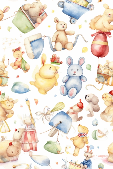 Watercolor clipart pattern of fun baby toys and accessories in vibrant hues for designing a baby's room or creating party favors. (style: Beatrix Potter and Margaret Tarrant)(composition: repeating pattern of whimsical baby items like mobiles and rattles)