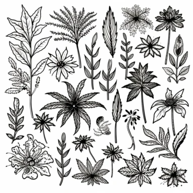 Illustration hand draw style of kawaii cannabis flower, black and white , clipart collection, clean lines, vector line, white background