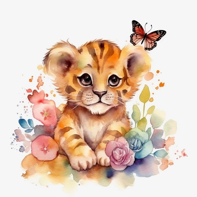 watercolor cute baby lion playing with butterfly clipart, single clipart, flowers, high resolution, bold colors, 8k