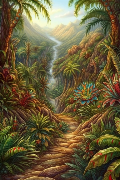realistic clipart of aztec enchanted landscape, digital painting