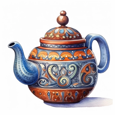 watercolor clipart of a ceramic teapot, vintage homely vibes, isolated on white background, very detailed, Cartoon,hyper realistic, intricate detail, illustration style,high solution,on the white background