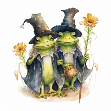 two Cute Frogs dressing as wizard clipart, vintage illustration, vintage print poster, Woods Forest Animals Frogs PNG Frog Daisy Flowers Water Lilies Sublimation watercolor print, white background, watercolor paint, procreate watercolor drawing, Watercolor Sublimation design, realistic cartoon, realistic water based colors, clipart, transparent white background