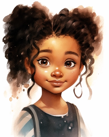 a little black girl portrait in watercolor Disney style clipart on white background, hugh eyes, sarah kay, holly hobbies, valentines day