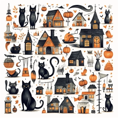 whimsical halloween clipart set, black cat, pumpkins, candles, sweets, ghosts, bats, spiders, haunted house, Minimal vintage, highly detailed, white background