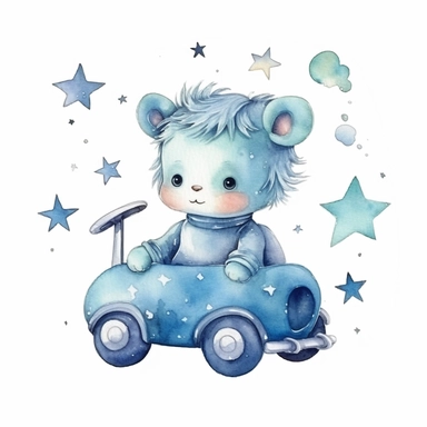 cute watercolor newborn soft blue baby playing toy car, stars on the background, watercolor effect, isolated white background, babyshower clipart, soft blue tones