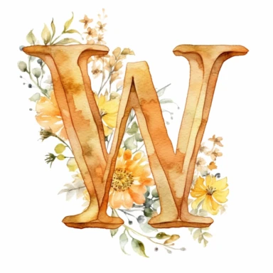 watercolor, Clipart, Golden Monogram, Capital Letter [W] decorated with white flowers, yellow tone