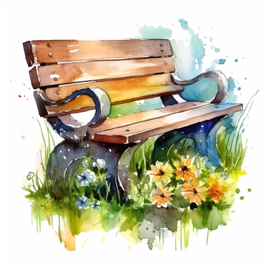 clipart, isolated on white background, Watercolor Spring beautiful ornated wooden bench, flowers and grass and plants, ornated, vivid and vibrant and saturated colors