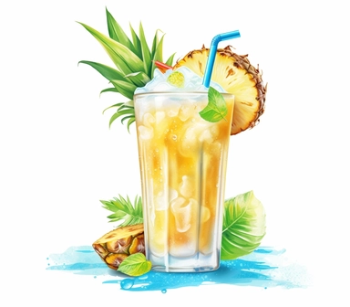 Watercolor clipart of summer drink, Piña Colada: A tropical cocktail made with rum, pineapple juice, and coconut cream. Served chilled with ice, it evokes a sense of relaxation and summer vibes, intricate details, vector, hyperrealistic, white background, no splashes, no text, no watermark