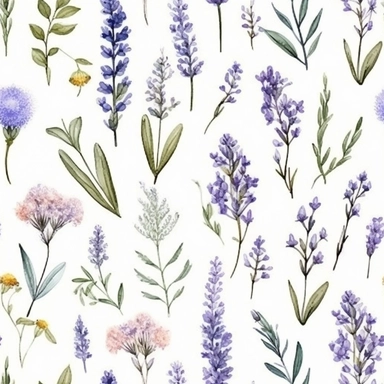 (Lavender), herbs, vintage, Watercolor, vector, white background, clipart, Seamless patterns, repeating patterns design, flat illustration, outlined , Vector, 4K, Art station, digital print, highly detailed clean, A detailed illustration a field,3D vector art, cute and quirky, fantasy art, watercolor effect, bokeh, Adobe Illustrator, hand-drawn, digital painting, low-poly, soft lighting, bird's-eye view, isometric style, retro aesthetic, focused on the character, 4K resolution, vector image, pho