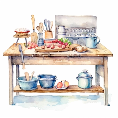 watercolour kitchen table with baking utensils, clipart on white background, no watermark, highly detailed, professional color gradation, clean sharpness