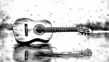 ultra sharp clip art illustration of an classic guitar, extreme closeup, rainy waters, black scaled and realistic drawing with ink and charcoal, HD, UHD resolution, 8k