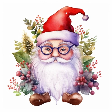 watercolor painting of cute santa smile cute big eyes wear big glasses, santa Full body, have small leaf Berries Plant Isolate on top Hat, cute detailed digital art, whimsical and cute, cute detailed artwork, glimmering, adorable and whimsical, whimsical art, Clipart style, png style, svg style
