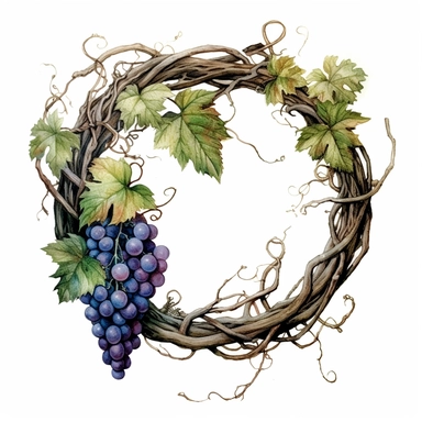 watercolor ultra realistic and hyper detailed illustration of a Grapevine wreath with intertwined branches, clipart, white background