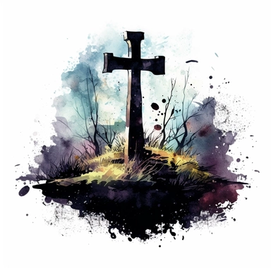 mystical dark scary watecolor halloween grave with cross clipart, hd 4k, detailed, focused, isolated on white background