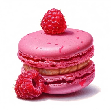 incredible detailed acrylic art macaron with raspberries clipart, hyperrealism, clear picture in high resolution, highlights , white background, appetizing, clear and contrast image, reflections, very detailed drawing, menu illustration, realism, high quality, lighting like in a photo studio, advertising, hd