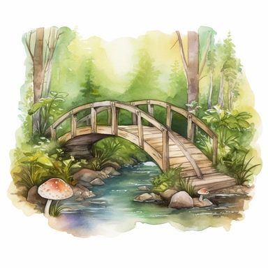 Illustrate a watercolor bridge crossing a gentle forest stream, decorated with enchanted forest elements such as mushrooms, ferns, and moss-covered logs. This design can be incorporated into various clipart compositions or used as a standalone element for