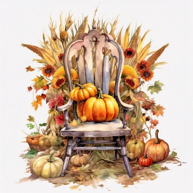 watercolor mixed media masterpiece kitchen beautiful white rustic chair, richly decorated with pumpkins, gourds, and Indian corn, field, landscape, provence, golden accents, shabby shic style, by Vladimir Kush style and by Daniel Ridgway Knight style and by Nicholas Hely Hutchinson style and by Andrew Wyeth style, Baroque style, PNG clipart, isolated on white, extreme photorealistic details, 32k HD resolution, realistic high detailization high resolution, white background, isolated image,