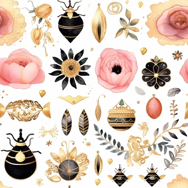 watercolor-style clip art images that feature objects related to an aesthetic adorned with floral designs. The images should have aesthetic, and should incorporate elements such as watercolor [gold] whimsical and cute illustration in watercolor of a White scarab with black ornaments on the body, in a Scandinavian folk art style with botanical and swirl motifs. light pink gold colors Traditional with a modern twist watercoloritem collection, isolated on a white background, gourmet, classy, simple