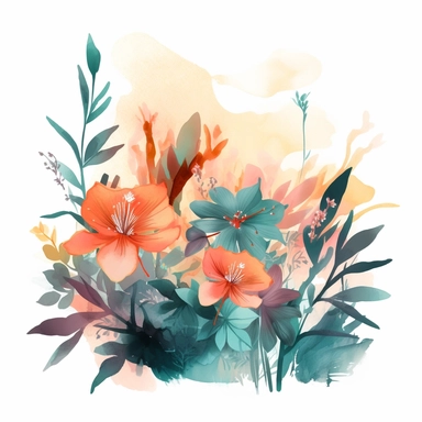 Beautiful tropical sunset, with loose gouache florals, gouache, peachy and aqua tones, white background, clipart
