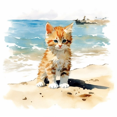 happy kitten on the beach, watercolor painting by WINSLOW HOMER, clipart, isolated pure white background
