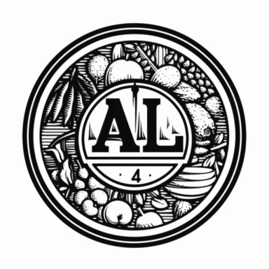 round logo, company name is A&L, food rlated, low detail, simple, black and white, extra thick black lines, linocut, isolated clipart
