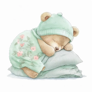an ultra Cute little newborn baby teddy bear wearing mint green shabby chic floral traditional classic pyjamas and bedtime hat lying on a mint green pillow and blankets watercolour, cute,, bedtime, sleepy, dreamy, isolated on white background, Clipart