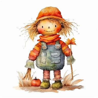 Halloween scarecrow, full color, knitted painting texture, Perfect for nursery art and children's book illustration style, simple, cute, full color, clipart, watercolor illustration, single object, high definition 8k,white background for removing background - - no text shadow font watermark