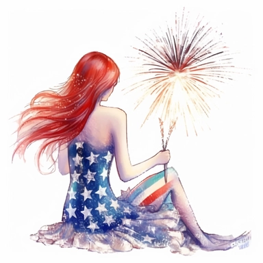 usa flag mermaid watching fireworks. clip art style. on a white background