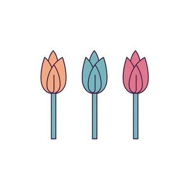 colored minimalist tulip clipart by using simple, clean lines to outline the shape of a tulip. isolated on white background, different sizes and proportions to achieve a desired look. Consider adding a slight curve to the stem for a more organic feel.