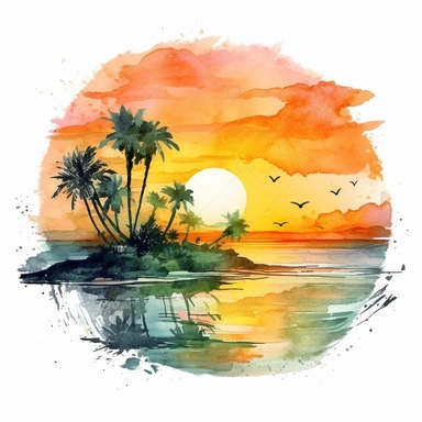 Clipart on white background Beach Sunset landscape water color