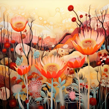 a colorful painting showing many flowers, in the style of intricate pen drawings, light gold and orange, dreamy collages, nature-inspired patterns, flickr, australian landscape, bamileke art, clipart, white background, separate