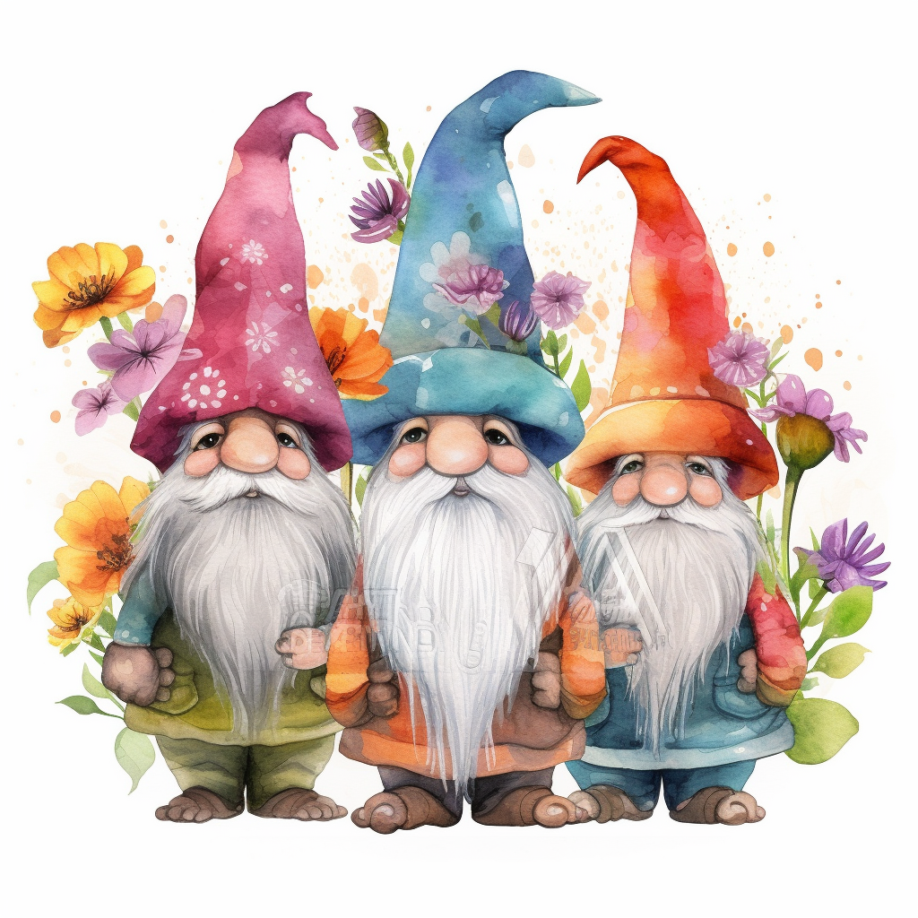 semi-cartoon style hand drawn watercolour clipart set of 3 cute gnomes ...