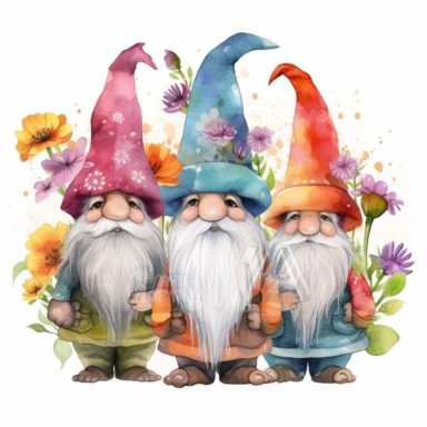 semi-cartoon style hand drawn watercolour clipart set of 3 cute gnomes with large bulbous noses in bright boho colors holding wild flowers, white background, 300 dpi, high quality digital art suitable for printing, spaced apart