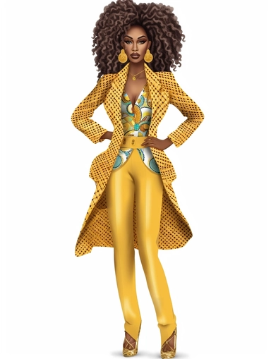 standing , head to toe, digital doll , gorgeous african american woman voluminous curly goddess braided hair wearing vibrant color couture suit inspired by Michael Kors, modern style, fashionable, white background, sticker, clipart